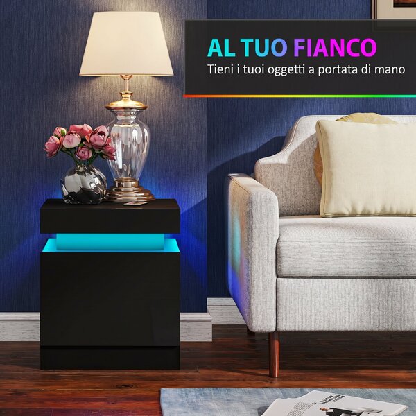 HOMCOM Set 2 Comodini LED a 16 Colori e 4 Modalità con 2 Cassetti, in Legno, 45x35x52 cm, Nero | Aosom Italy