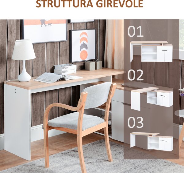 HOMCOM Scrivania Angolare con Libreria a 2 Ripiani, Armadietto e Cassetto, 140x117x76 cm, color Legno e Bianco