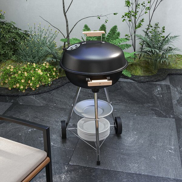 Outsunny Barbecue a Carbonella con Griglia in Acciaio, Coperchio e Prese d'Aria e Ruote, Nero