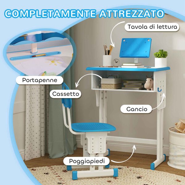 HOMCOM Banco Scuola per Bambini 6-12 Anni ad Altezza Regolabile con Leggio e Mensola, in Acciaio e MDF, Blu