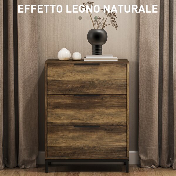 HOMCOM Cassettiera 3 Cassetti Antiribaltamento con Maniglie Nere, in Legno e Metallo, 62x35x82 cm, color Legno