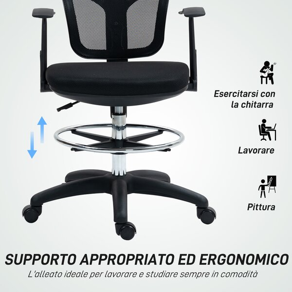 HOMCOM Sedia Girevole con Anello Poggiapiedi e Schienale Ricurvo, in Poliestere, Schiuma e Plastica, 55x58x94 cm, Nero
