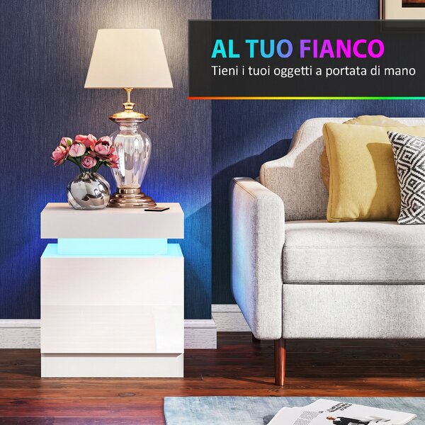 HOMCOM Set 2 Comodini LED a 16 Colori e 4 Modalità con 2 Cassetti, in Legno, 45x35x52 cm, Bianco Lucido | Aosom Italy