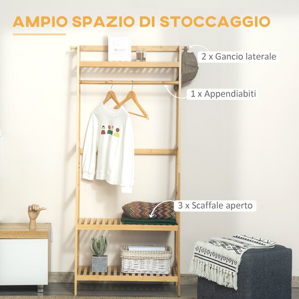 HOMCOM Appendiabiti da Terra in Legno di Bambù, Design Elegante con Ripiani, Perfetto per Ingresso e Camera, 70x42x164cm - Legno|Aosom