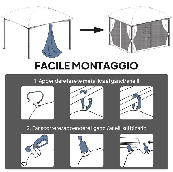 Outsunny Zanzariera per Gazebo 3x3.5m con Cerniere e Anelli, Pannelli da, 335x207 cm, Nero e Beige | Aosom Italy