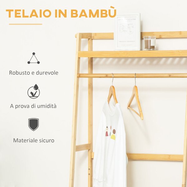 HOMCOM Appendiabiti da Terra in Legno di Bambù, Design Elegante con Ripiani, Perfetto per Ingresso e Camera, 70x42x164cm - Legno|Aosom