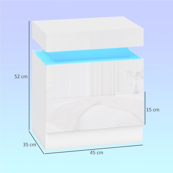 HOMCOM Set 2 Comodini LED a 16 Colori e 4 Modalità con 2 Cassetti, in Legno, 45x35x52 cm, Bianco Lucido | Aosom Italy