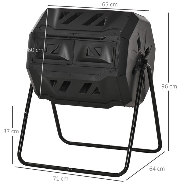 Outsunny Compostiera Domestica da 160L, Compostiera da Giardino e da Balcone in Plastica PP Nera, Bidone per Compost Girevole, 71x64x92cm|Aosom