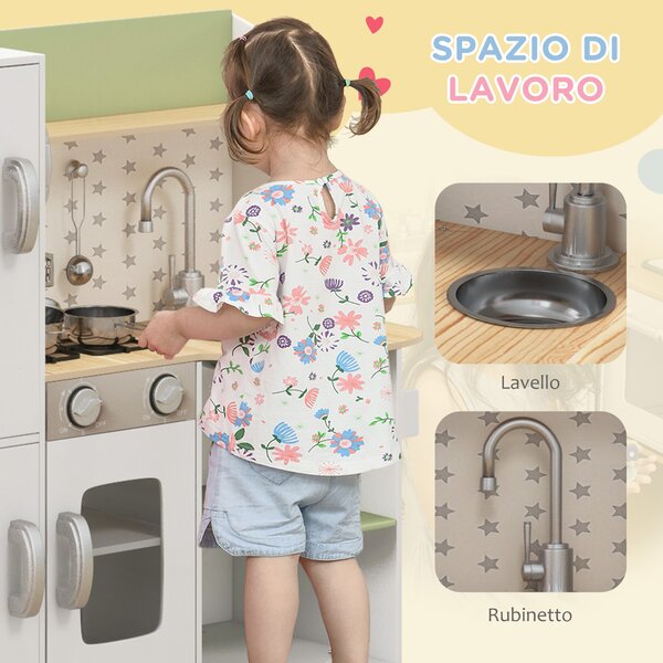 AIYAPLAY Cucina Giocattolo per Bambini 3-6 Anni con Macchina del Ghiaccio e Utensili, 84x34x89 cm, Bianco e Verde|Aosom