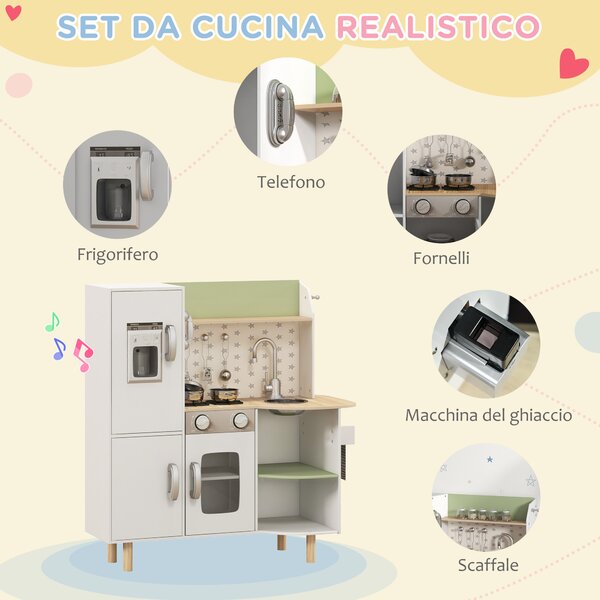 AIYAPLAY Cucina Giocattolo per Bambini 3-6 Anni con Macchina del Ghiaccio e Utensili, 84x34x89 cm, Bianco e Verde|Aosom