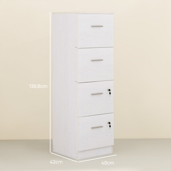 HOMCOM Armadio per Ufficio a 4 Cassetti con 2 Serrature e Barra Portadocumenti, in Legno, 40x42x130.8 cm, Bianco | Aosom Italy