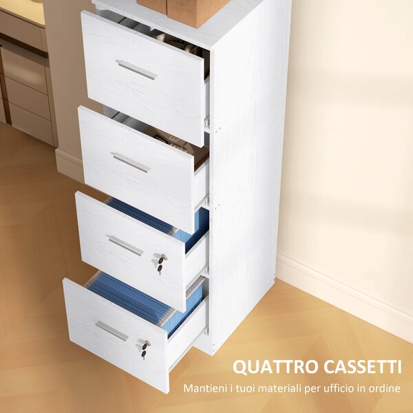HOMCOM Armadio per Ufficio a 4 Cassetti con 2 Serrature e Barra Portadocumenti, in Legno, 40x42x130.8 cm, Bianco | Aosom Italy