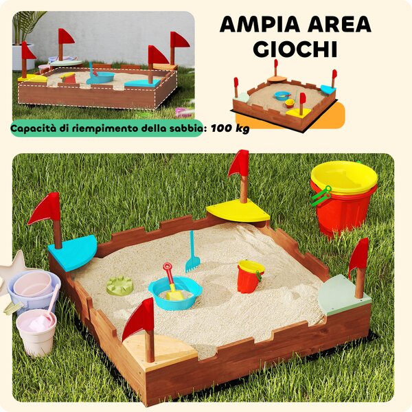 AIYAPLAY Sabbiera per Bambini 3-7 Anni a Forma di Castello con 4 Sedute in Legno di Abete, 90x90x17 cm, Multicolore | Aosom Italy