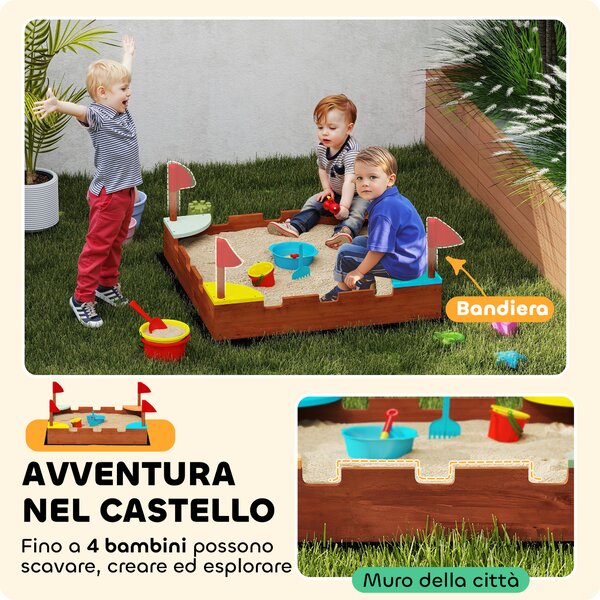 AIYAPLAY Sabbiera per Bambini 3-7 Anni a Forma di Castello con 4 Sedute in Legno di Abete, 90x90x17 cm, Multicolore | Aosom Italy