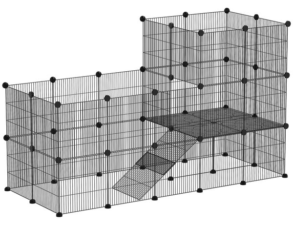 PawHut Recinto per Animali Modulabile e Multilivello con 39 Pannelli, in Acciaio e PP, 140x70x105 cm, Nero