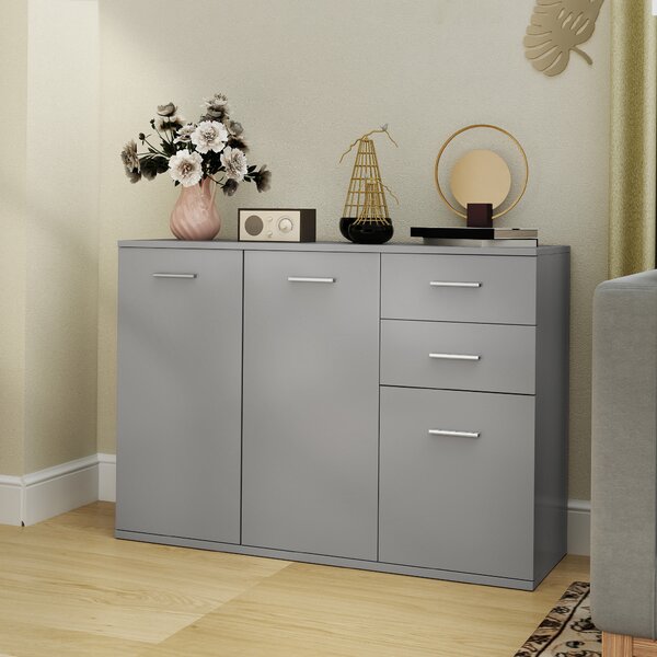 HOMCOM Credenza Moderna con 3 Armadietti e 2 Cassetti, in Legno, 106x35x76 cm, Grigio Chiaro