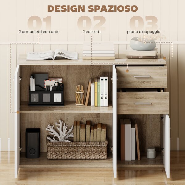 HOMCOM Credenza Moderna con 3 Armadietti e 2 Cassetti, in Legno, 106x35x76 cm, Color Legno | Aosom Italy