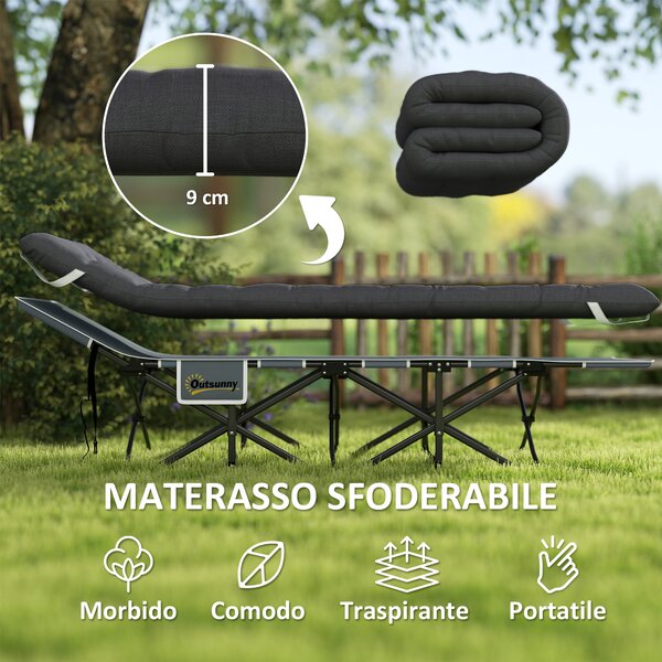 Outsunny Lettino da Campeggio Pieghevole con Poggiatesta Inclinato e Materasso Rimovibile, 196x68x37 cm, Nero