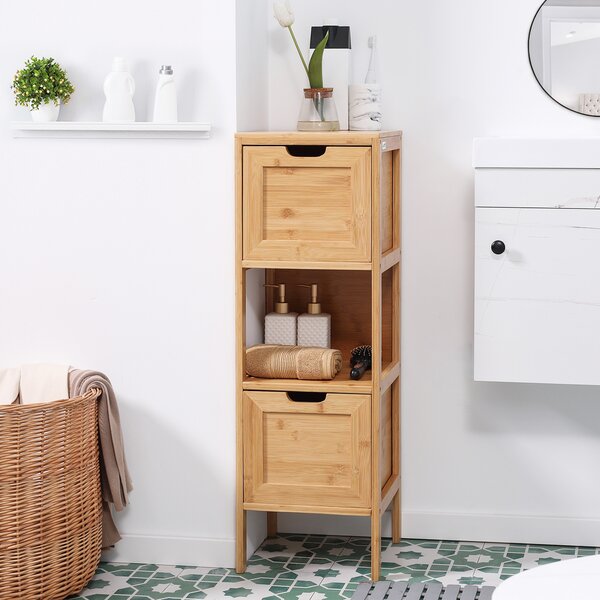 Kleankin Mobile Colonna da Bagno con 2 Cassetti e 1 Ripiano in bambù, 30x30x90 cm, Legno Naturale | Aosom Italy
