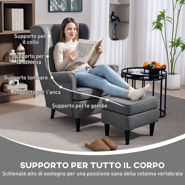 HOMCOM Poltrona per Salotto in Tessuto con Pouf Poggiapiedi, Schienale Alto e Cuscino, 75x83x104 cm, Grigio | Aosom Italy