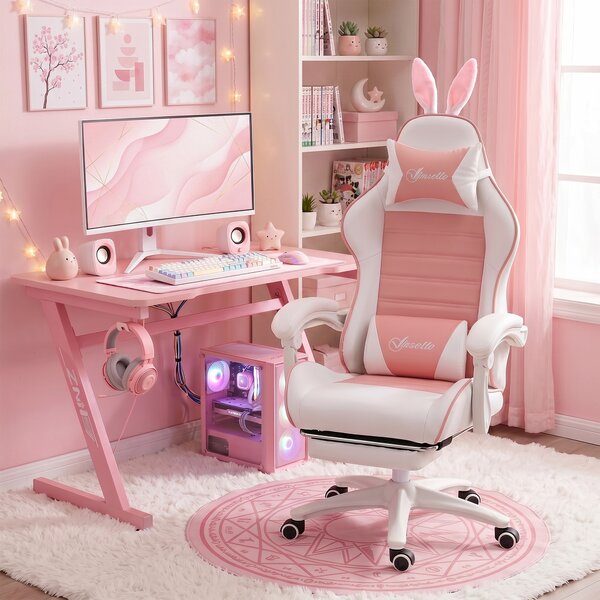 Vinsetto Sedia Gaming Ergonomica con Orecchie, Poggiapiedi Estraibile, Cuscino Lombare e Poggiatesta, Rosa | Aosom Italy