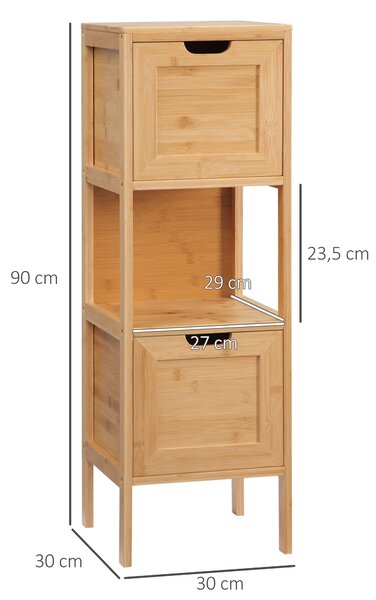 Kleankin Mobile Colonna da Bagno con 2 Cassetti e 1 Ripiano in bambù, 30x30x90 cm, Legno Naturale | Aosom Italy