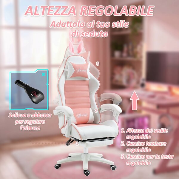 Vinsetto Sedia Gaming Ergonomica con Orecchie, Poggiapiedi Estraibile, Cuscino Lombare e Poggiatesta, Rosa | Aosom Italy