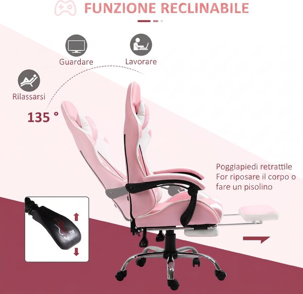 Vinsetto Sedia Gaming Ergonomica Reclinabile con Poggiatesta, Cuscino Lombare, Altezza Regolabile, Rosa e Bianco | Aosom Italy