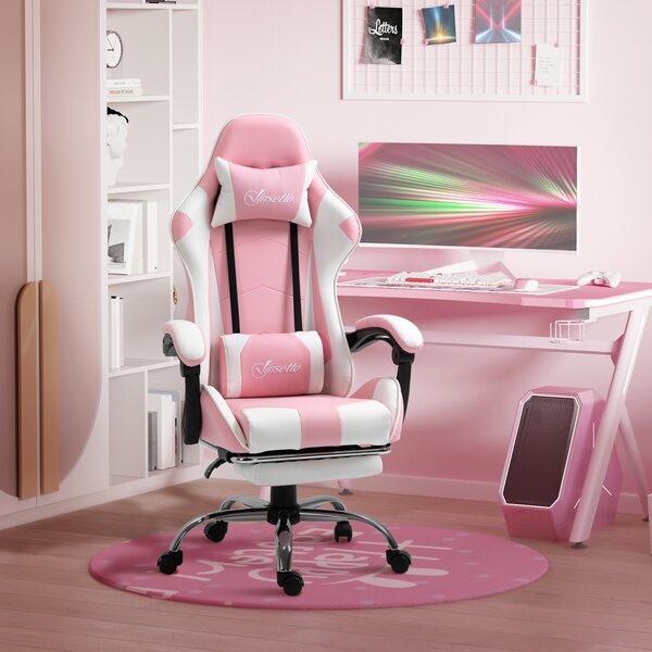 Vinsetto Sedia Gaming Ergonomica Reclinabile con Poggiatesta, Cuscino Lombare, Altezza Regolabile, Rosa e Bianco | Aosom Italy