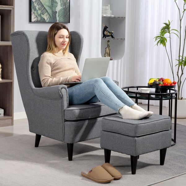HOMCOM Poltrona per Salotto in Tessuto con Pouf Poggiapiedi, Schienale Alto e Cuscino, 75x83x104 cm, Grigio | Aosom Italy