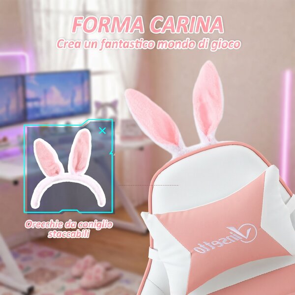 Vinsetto Sedia Gaming Ergonomica con Orecchie, Poggiapiedi Estraibile, Cuscino Lombare e Poggiatesta, Rosa | Aosom Italy
