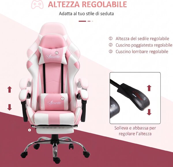 Vinsetto Sedia Gaming Ergonomica Reclinabile con Poggiatesta, Cuscino Lombare, Altezza Regolabile, Rosa e Bianco | Aosom Italy
