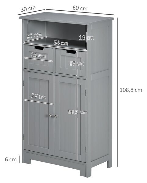 Kleankin Mobile Armadietto da Bagno con 2 Cassetti e Vano, Anta e Ripiano Regolabile, 60x30x108.8 cm, Grigio | Aosom Italy