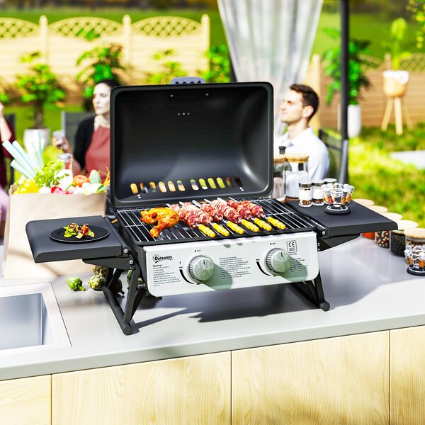 Outsunny Barbecue a Gas da Tavolo Trasportabile con 2 Bruciatori, Coperchio e Ripiani Laterali, 101x48x41 cm, Nero | Aosom Italy