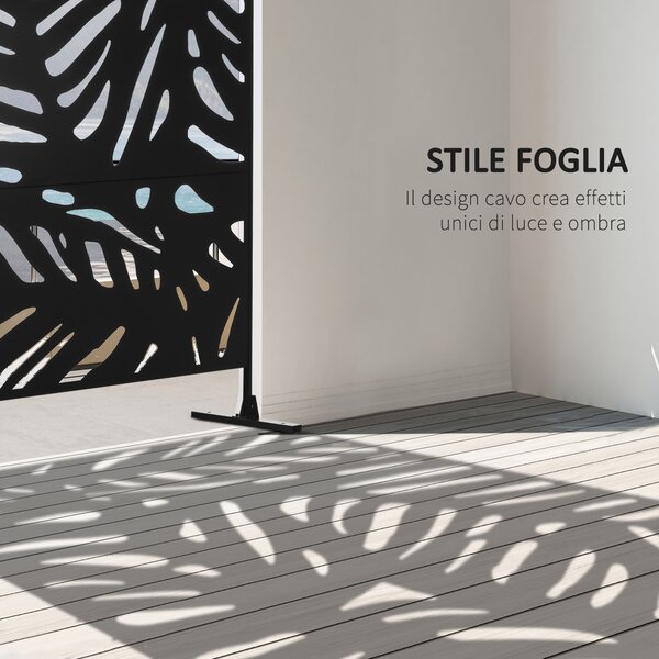 Outsunny Separé Divisorio Decorativo da Esterno con Motivi a Grandi Foglie e 2 Piedini, Paravento da Giardino Alto in Acciaio, per Balcone e Terrazzo, 122x45x198 cm, Nero | Aosom Italy