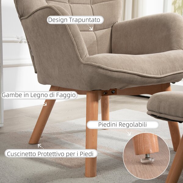 HOMCOM Poltrona con Poggiapiedi in Stile Contemporaneo, in Tessuto Effetto Velluto, 72x80x101 cm, Marrone Chiaro | Aosom Italy