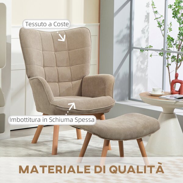 HOMCOM Poltrona con Poggiapiedi in Stile Contemporaneo, in Tessuto Effetto Velluto, 72x80x101 cm, Marrone Chiaro | Aosom Italy