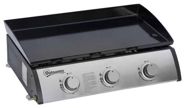 Outsunny Piastra a Gas con 3 bruciatori 9 kW in acciaio inox, Antiaderente Ampia Superficie di Cottura, 63x48x21 cm, Argento | Aosom Italy