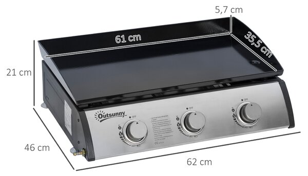 Outsunny Piastra a Gas con 3 bruciatori 9 kW in acciaio inox, Antiaderente Ampia Superficie di Cottura, 63x48x21 cm, Argento | Aosom Italy