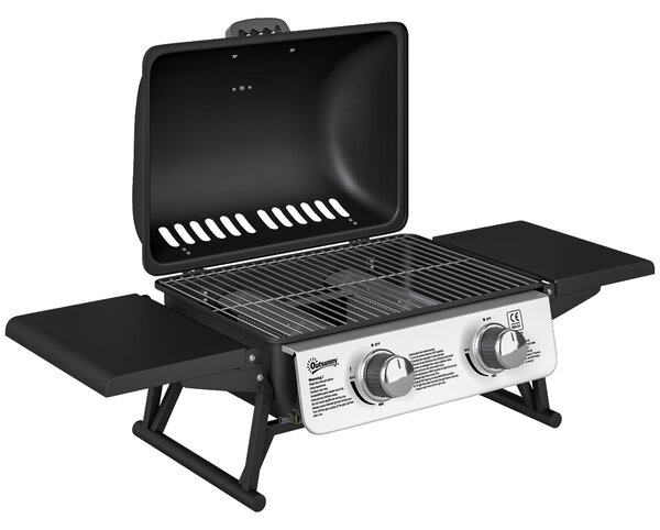 Outsunny Barbecue a Gas da Tavolo Trasportabile con 2 Bruciatori, Coperchio e Ripiani Laterali, 101x48x41 cm, Nero | Aosom Italy