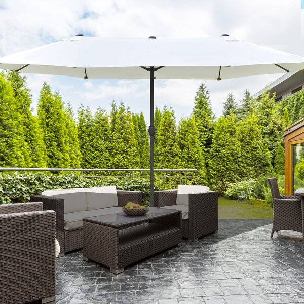 Outsunny Ombrellone Doppio a 12 Stecche con Base a Croce e Manovella, in Acciaio e Poliestere, 455x265x238 cm, Beige | Aosom Italy