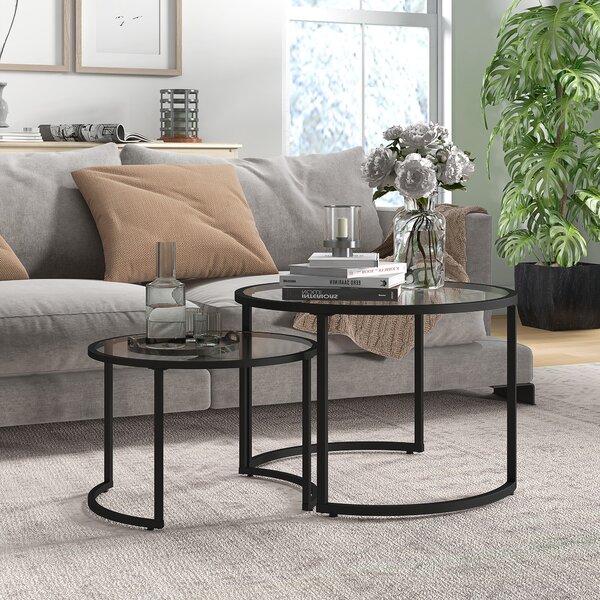 HOMCOM Set 2 Tavolini da Caffè Sovrapponibili in Vetro e Acciaio, Ø70x47.5 cm e Ø54 x 42.5 cm, Nero | Aosom Italy