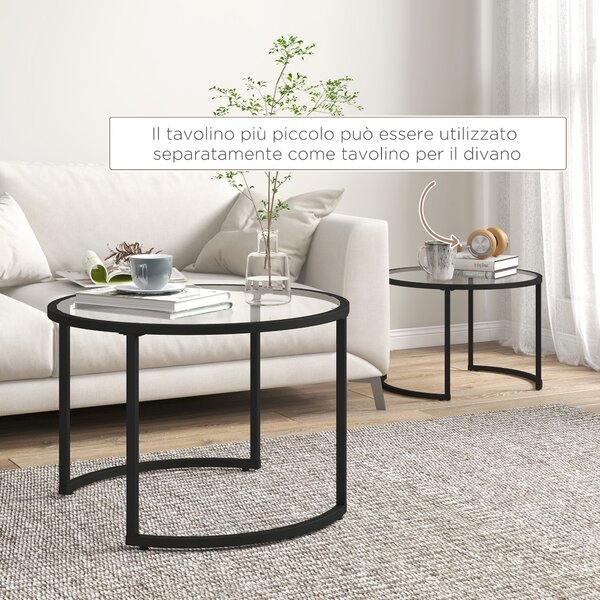 HOMCOM Set 2 Tavolini da Caffè Sovrapponibili in Vetro e Acciaio, Ø70x47.5 cm e Ø54 x 42.5 cm, Nero | Aosom Italy