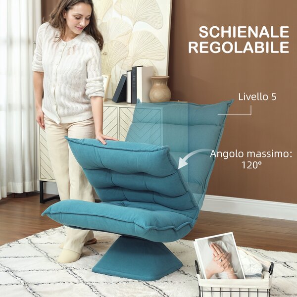HOMCOM Poltrona Relax Girevole 360° con Schienale Regolabile in 5 Posizioni, Poltrona da Terra con Seduta Ampia Imbottita Spessa in Tessuto Effetto Velluto, per Soggiorno Lettura, 62x70x95 cm, Blu | Aosom Italy
