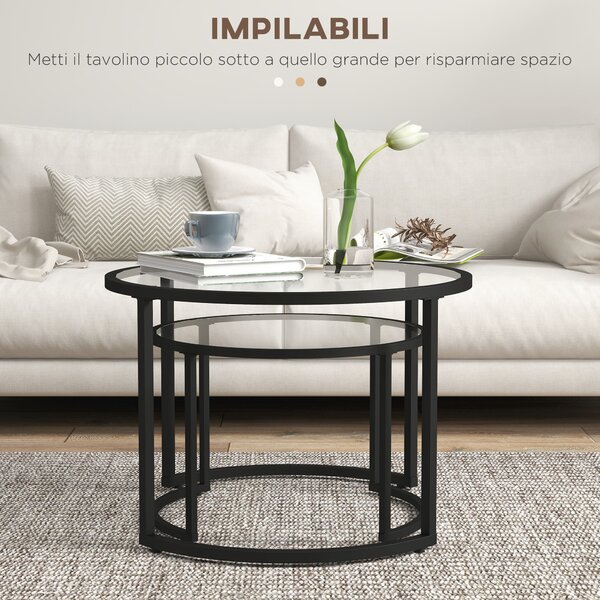 HOMCOM Set 2 Tavolini da Caffè Sovrapponibili in Vetro e Acciaio, Ø70x47.5 cm e Ø54 x 42.5 cm, Nero | Aosom Italy