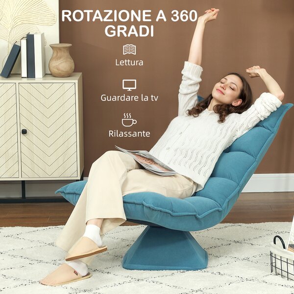 HOMCOM Poltrona Relax Girevole 360° con Schienale Regolabile in 5 Posizioni, Poltrona da Terra con Seduta Ampia Imbottita Spessa in Tessuto Effetto Velluto, per Soggiorno Lettura, 62x70x95 cm, Blu | Aosom Italy