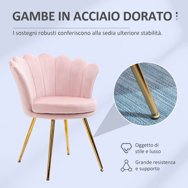 HOMCOM Poltrona da Salotto a Conchiglia Stile Vintage in Velluto con Gambe Dorate Rosa | Aosom Italy