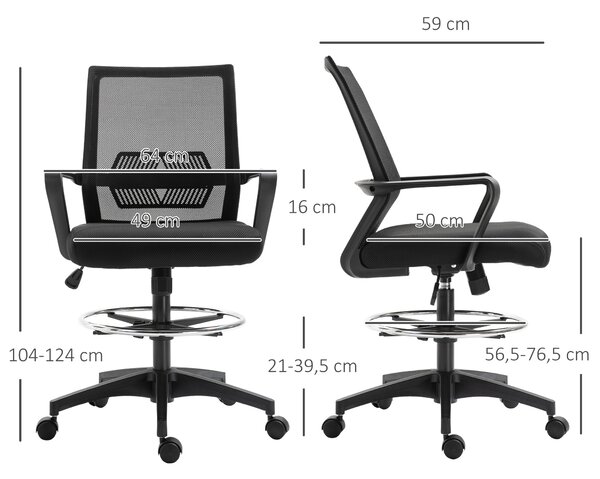 Vinsetto Sedia da Ufficio Regolabile in Tessuto a Rete con Braccioli e Anello Poggiapiedi, Supporto Traspirante, 64x59x104-124 cm, Nero | Aosom Italy