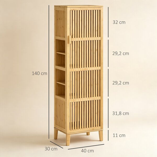 HOMCOM Mobile Bagno Stretto in Bambù, Mobiletto Bagno Salvaspazio con 4 Ripiani e Porta a Doghe, 40x30x140 cm, Naturale | Aosom Italy