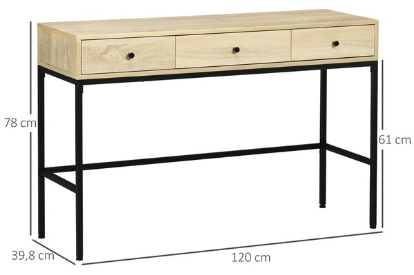 HOMCOM Consolle da Ingresso con 3 Cassetti e Struttura in Acciaio, Stile Industriale in Legno, 120x39,8x78 cm, Naturale e Nero | Aosom Italy